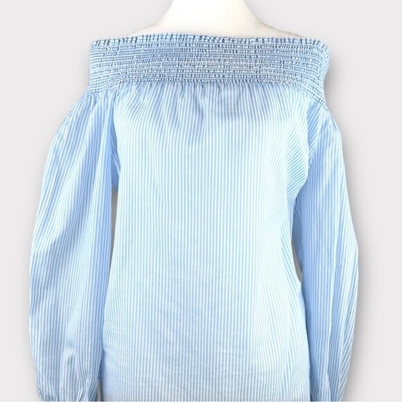 Michael Kors Wilson Blue Stripe Off the Shoulder Peasant Blouse Medium - Picture 2 of 10
